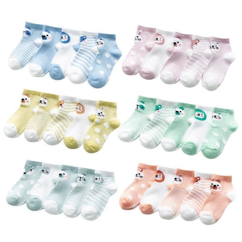 5Pair Cotton Baby Socks Stevvex: breathable mesh, pastel colors, cute cartoon faces, 5 pairs on Tampa Home & Garden Store
