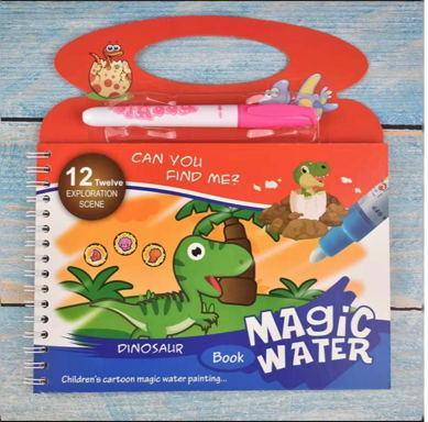 Stevvex Magic Water coloring book with reusable pen, orange carry handle, dinosaur scenes on Tampa Home & Garden Store