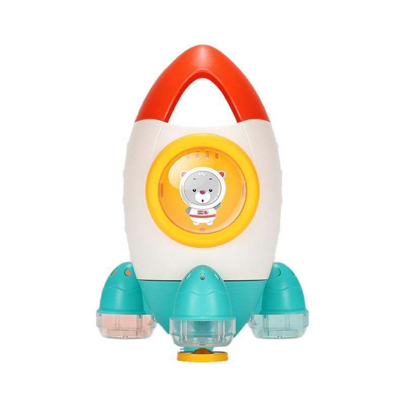 Stevvex Baby Spin Water Spray Rocket Bath Toy with orange top, white body and teal base on Tampa Home & Garden Store