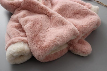 Baby girl rabbit-hooded plush jacket in pink with white cuffs on Tampa Home & Garden Store