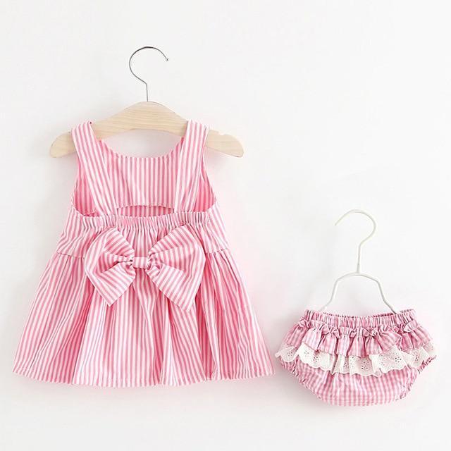 2-piece baby girl pink striped dress set with large bow and matching bloomers by Stevvex on Tampa Home & Garden Store
