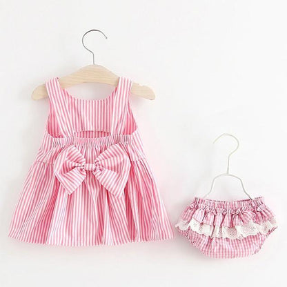 2-piece baby girl pink striped dress set with large bow and matching bloomers by Stevvex on Tampa Home & Garden Store