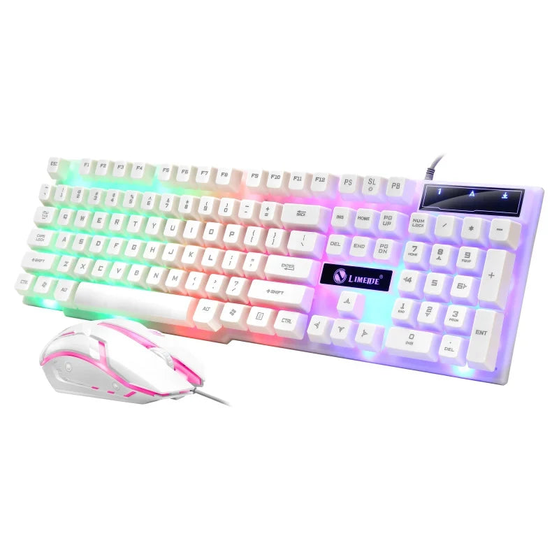 USB wired gaming keyboard and mouse set with rainbow RGB backlight; keyboard, pink mouse on Tampa Home & Garden Store