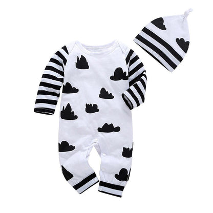 Baby romper set by Stevvex white with cloud prints and striped sleeves includes hat 2-piece on Tampa Home & Garden Store