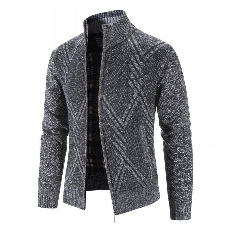 Stevvex men's knit cardigan gray diamond pattern zip-front with ribbed cuffs and hem on Tampa Home & Garden Store