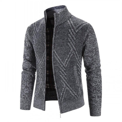 Stevvex men's knit cardigan gray diamond pattern zip-front with ribbed cuffs and hem on Tampa Home & Garden Store
