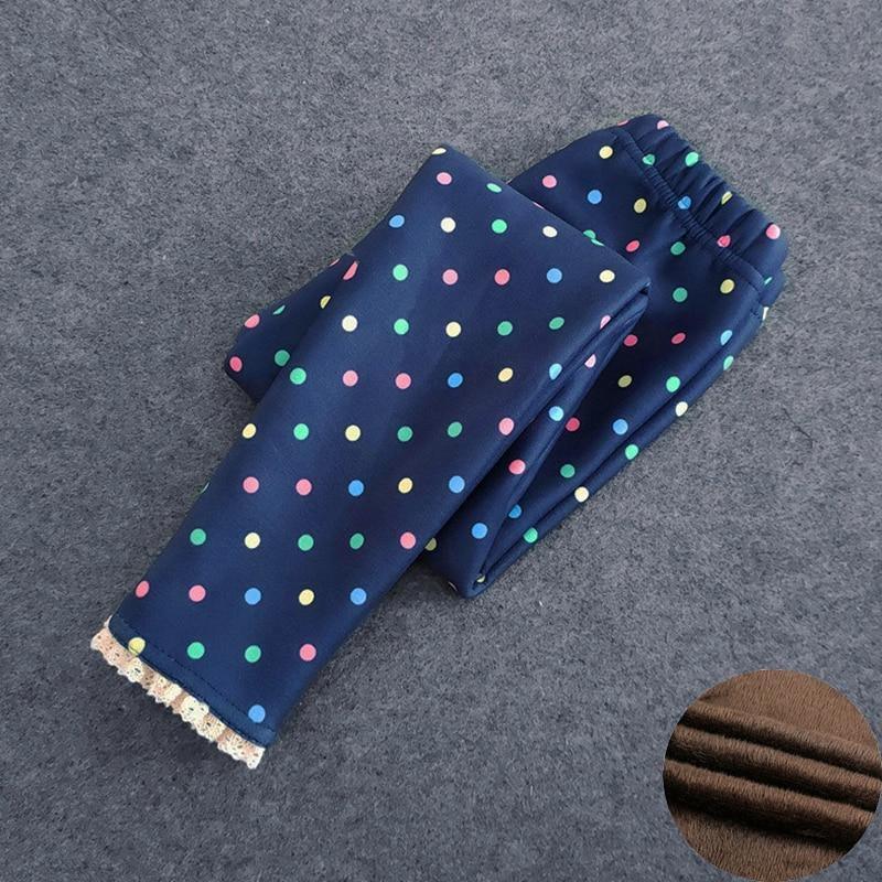 Stevvex kids thick polka dot leggings, navy blue with multicolor dots, lace cuff on Tampa Home & Garden Store