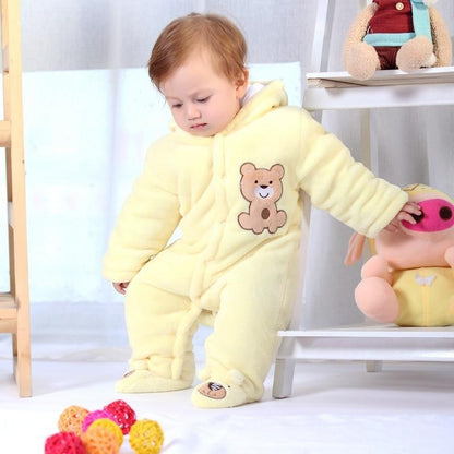 Stevvex yellow baby bear costume romper in plush fleece with bear patch, hooded jumpsuit for infants on Tampa Home & Garden Store
