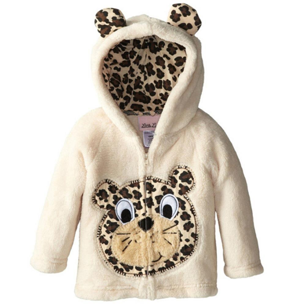 Infant cream plush hooded jacket with leopard-print lining and leopard-face applique Stevvex on Tampa Home & Garden Store