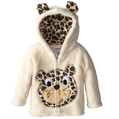 Infant cream plush hooded jacket with leopard-print lining and leopard-face applique Stevvex on Tampa Home & Garden Store