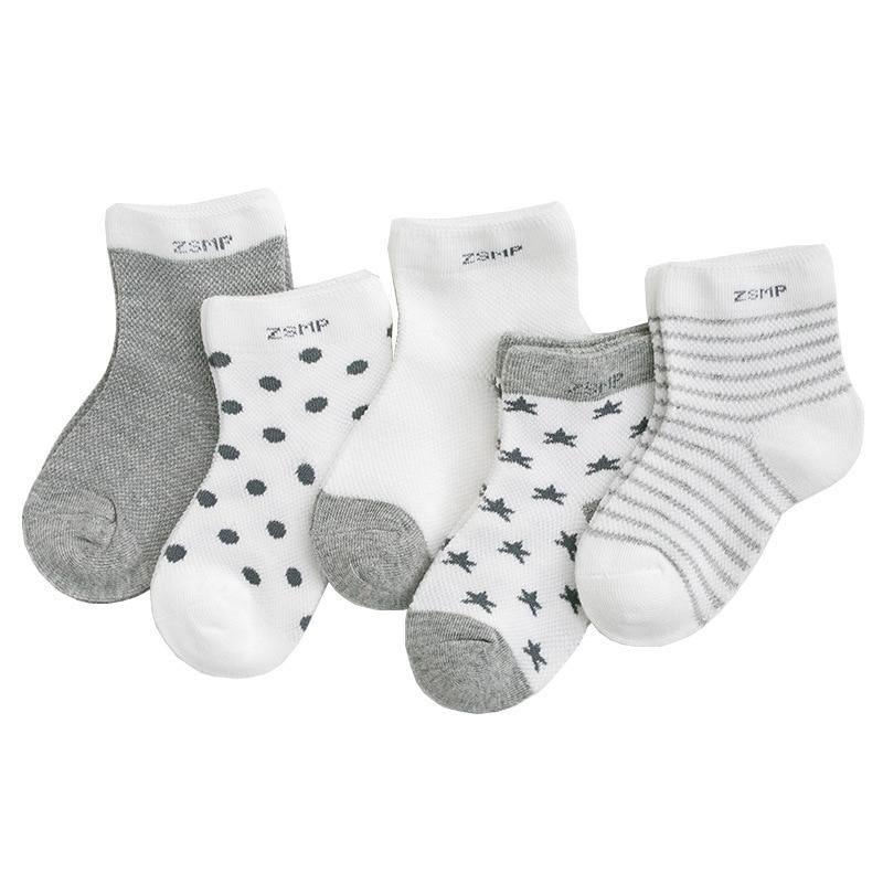 Stevvex 5-pack baby socks set gray white with polka dots stars stripes breathable mesh on Tampa Home & Garden Store