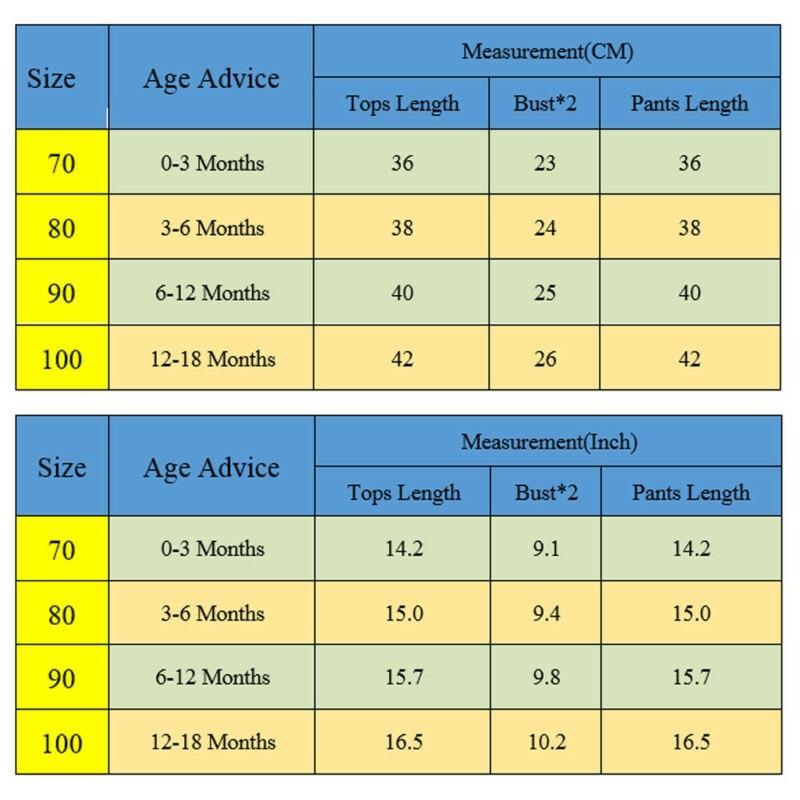 Stevvex baby outfits size chart with cm measurements for tops length, bust, pants length on Tampa Home & Garden Store