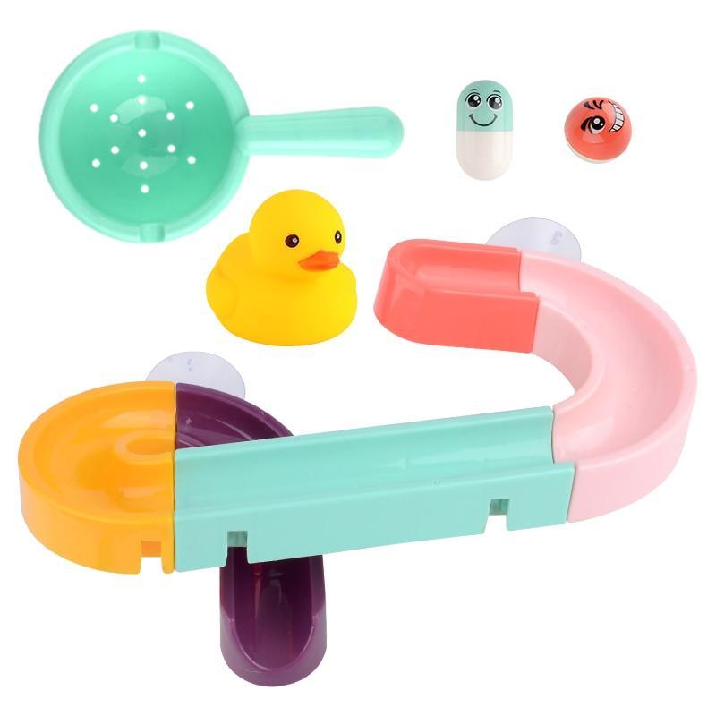 Bath Toys Suction Cup Marble Race Track by Stevvex with mint green and pink pieces and a duck on Tampa Home & Garden Store