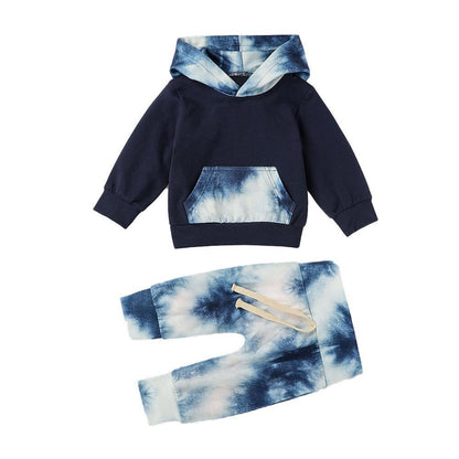 Stevvex newborn hoodie 2pc outfit set with navy top and blue tie-dye hood, blue tie-dye pants on Tampa Home & Garden Store