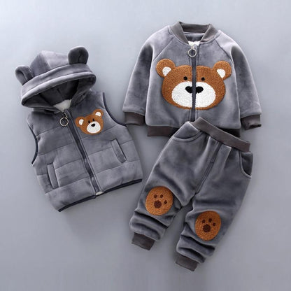 Three-piece gray baby outfit set with bear print hooded sweater, zip vest, and paw-patch pants on Tampa Home & Garden Store