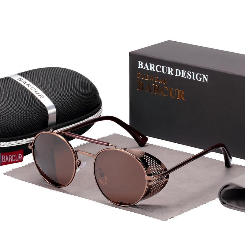Round metal polarized steampunk sunglasses by Stevvex with UV400 brown lenses BARCUR case on Tampa Home & Garden Store