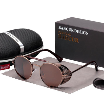 Round metal polarized steampunk sunglasses by Stevvex with UV400 brown lenses BARCUR case on Tampa Home & Garden Store