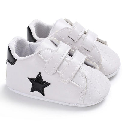 Stevvex white baby shoes pair with black star patch and velcro straps PU leather soft sole on Tampa Home & Garden Store