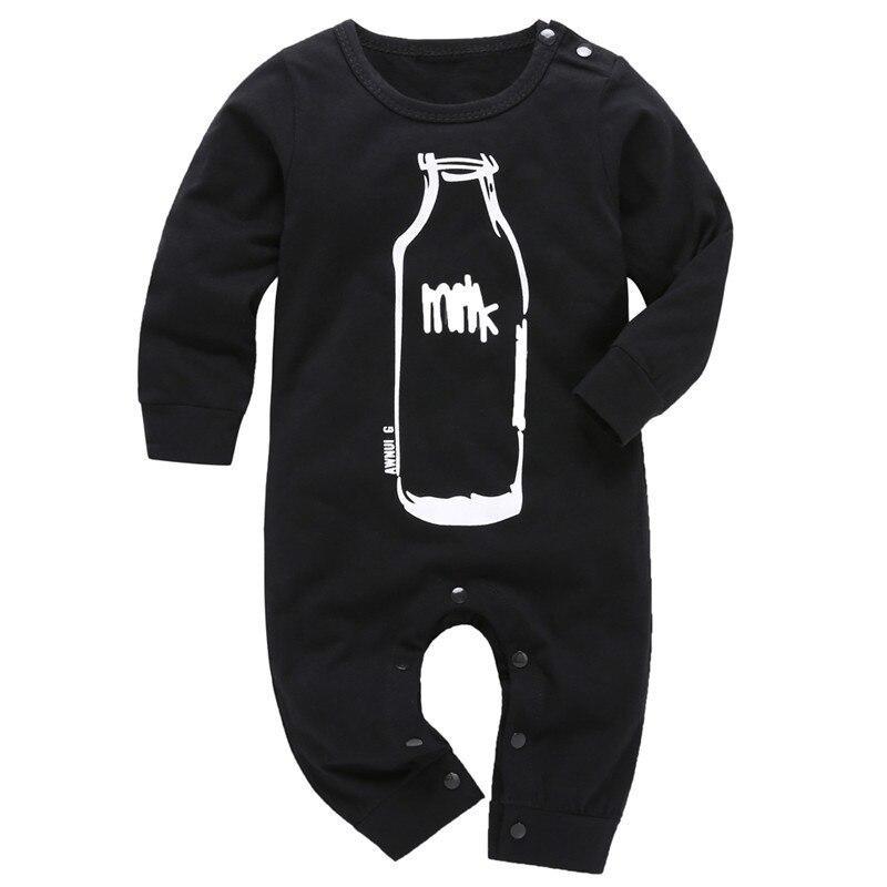 Baby romper long sleeve black Stevvex sleepwear with white milk bottle graphic on Tampa Home & Garden Store