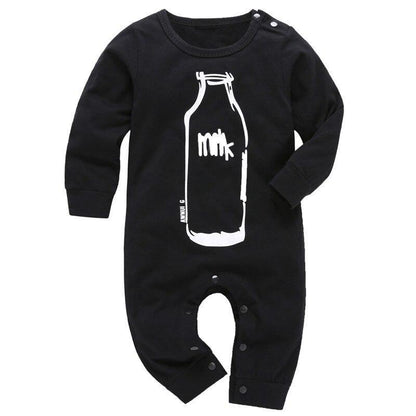 Baby romper long sleeve black Stevvex sleepwear with white milk bottle graphic on Tampa Home & Garden Store