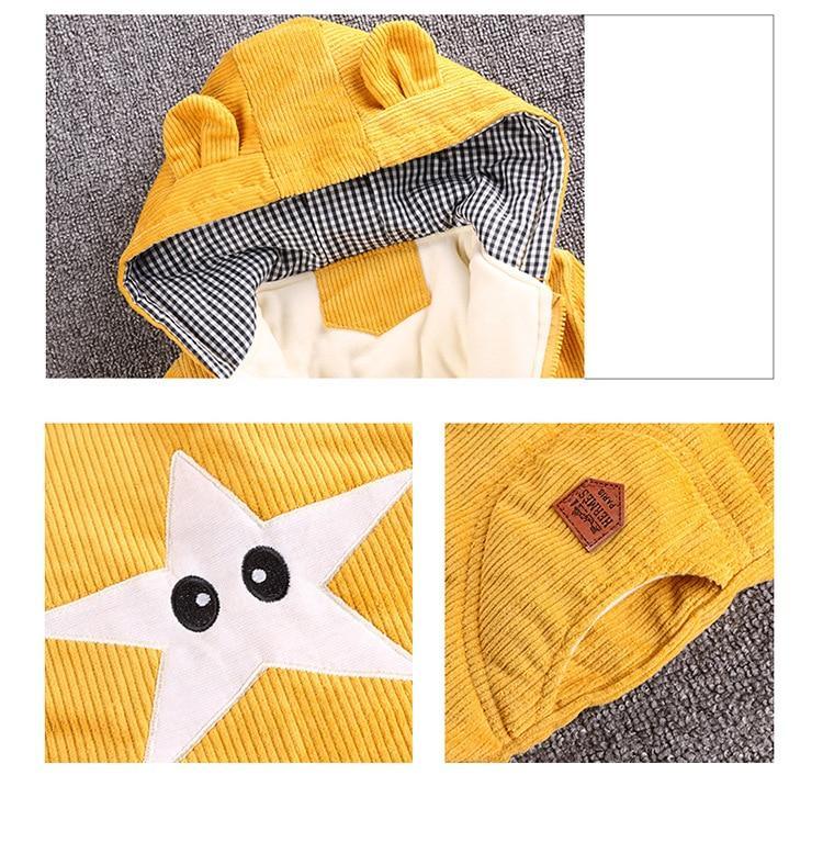Stevvex winter baby coat in mustard yellow with bear hood, white star checkered lining on Tampa Home & Garden Store