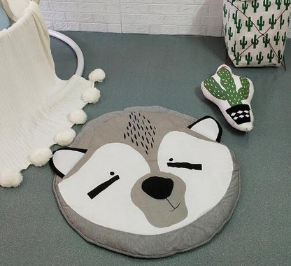 Stevvex round cotton baby play mat with gray-white raccoon face design; cactus toy nearby on Tampa Home & Garden Store