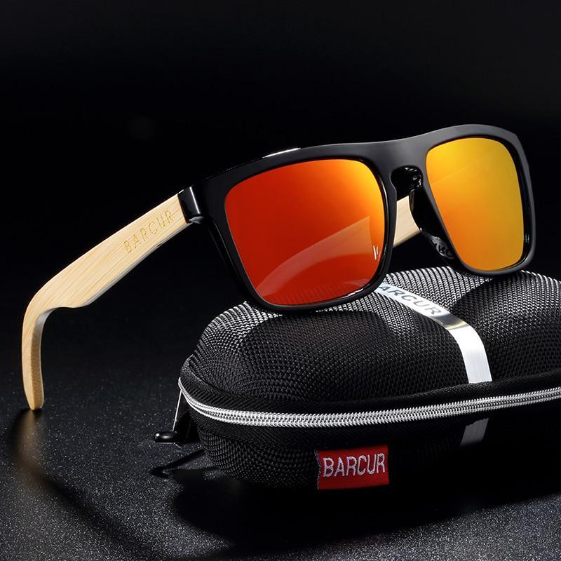 Stevvex polarized bamboo wood sunglasses with orange mirrored lenses UV400 BARCUR case on Tampa Home & Garden Store