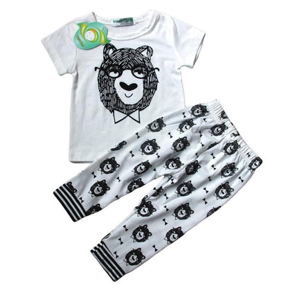 Stevvex newborn 2pc outfit white tee with bear face print and matching pants with bear pattern on Tampa Home & Garden Store