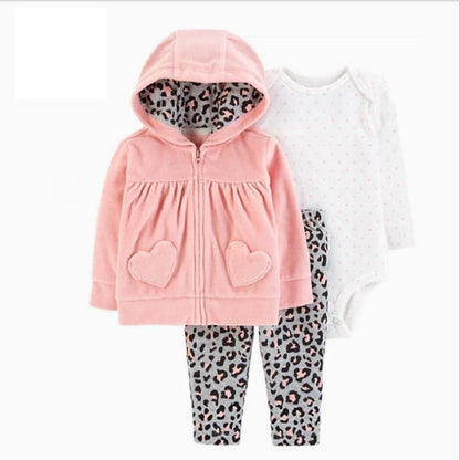 Stevvex baby 3-piece set: pink hooded jacket with heart pockets, leopard-print pants on Tampa Home & Garden Store