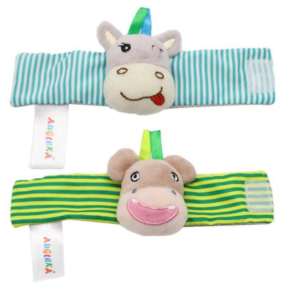 Stevvex infant wrist rattles set of two with plush heads on blue/white and green/yellow striped bands on Tampa Home & Garden Store