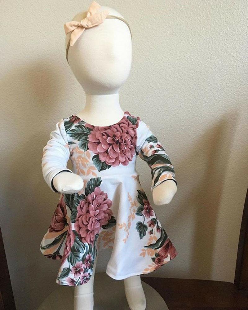 Newborn girls floral long-sleeve dress with matching headband in peony print, 2-piece set on Tampa Home & Garden Store