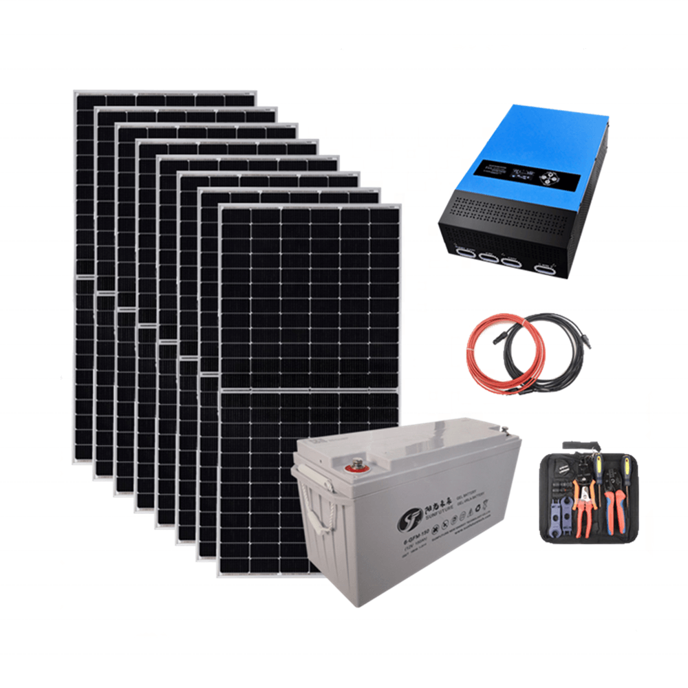 SUNFUTURE 1000W off-grid set of solar panels with blue inverter, battery, cables & toolkit on Tampa Home & Garden Store