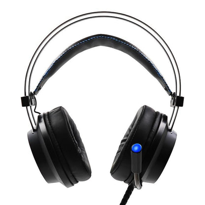 Stevvex black gaming headset with mic, over-ear cushions, blue mic tip, wired PC PS4 on Tampa Home & Garden Store