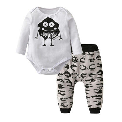 Stevvex newborn boy outfit: white tee with Little Monster graphic and monster pants on Tampa Home & Garden Store