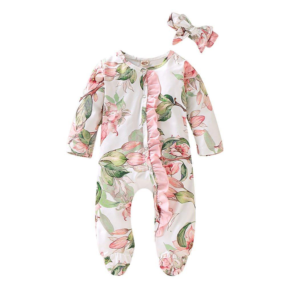 Baby girl romper Stevvex floral print, footed jumpsuit with pink bow and matching headband on Tampa Home & Garden Store
