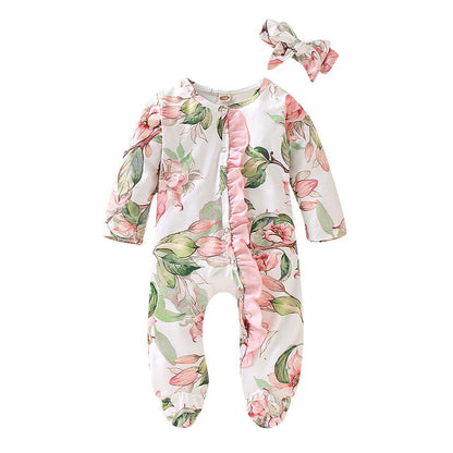 Baby girl romper Stevvex floral print, footed jumpsuit with pink bow and matching headband on Tampa Home & Garden Store