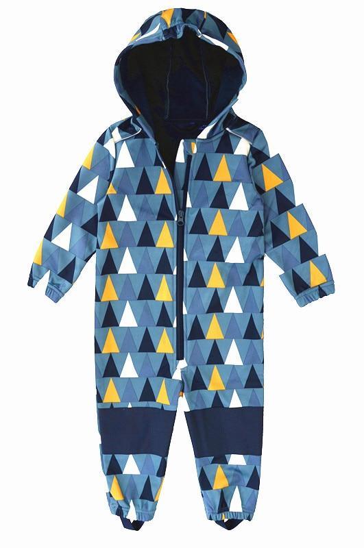 Stevvex kids' ski suit, blue geometric triangles, hooded soft-shell with fleece lining on Tampa Home & Garden Store