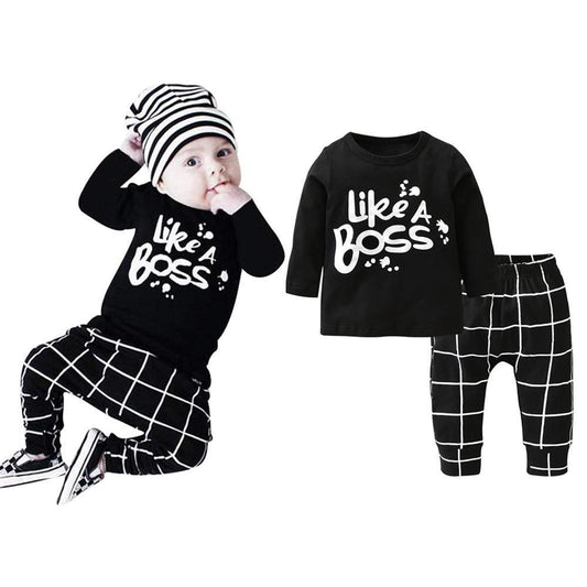 Newborn baby boy clothes set with black long sleeve shirt Like A Boss and grid pants by Stevvex on Tampa Home & Garden Store
