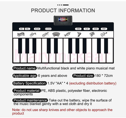 Multifunctional black and white piano mat for kids by Stevvex with display and instrument icons on Tampa Home & Garden Store