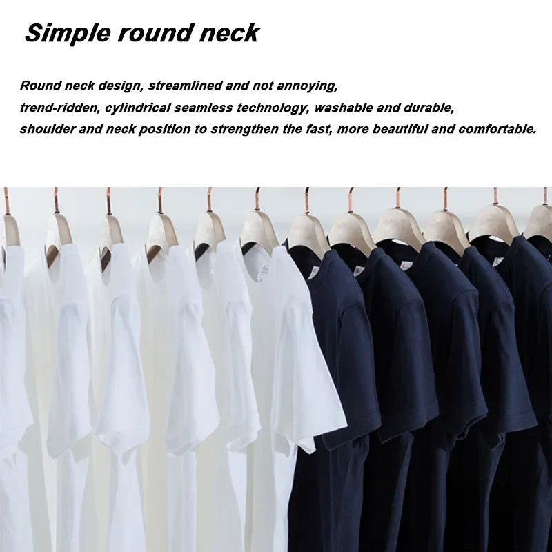 Men's cotton T-shirt lineup on hangers in white and navy, round neck energy=Milk+Coffee tee on Tampa Home & Garden Store
