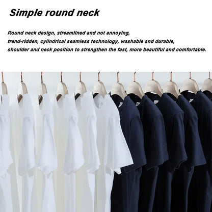 Men's cotton T-shirt lineup on hangers in white and navy, round neck energy=Milk+Coffee tee on Tampa Home & Garden Store