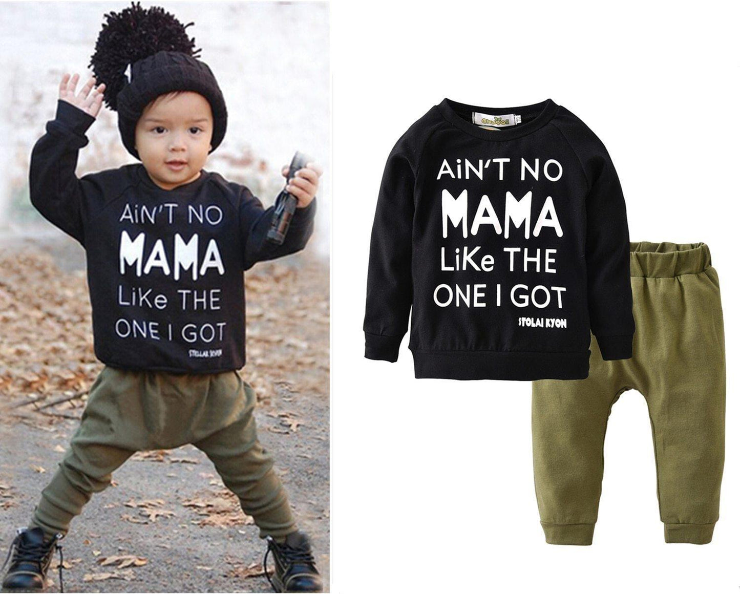 Stevvex newborn 2pc outfit: black tee with Ain't No Mama Like The One I Got and olive pants on Tampa Home & Garden Store