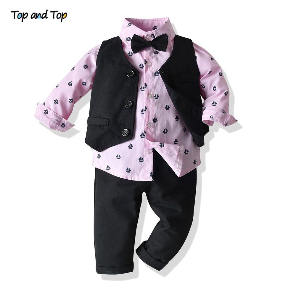 Baby boy 3-piece bow-tie suit set: pink printed shirt with black vest and pants Stevvex on Tampa Home & Garden Store