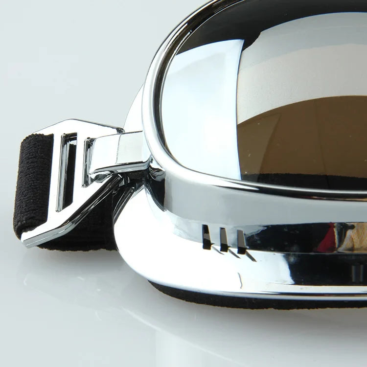 Motorcycle Goggles chrome frame Harley-inspired lens windproof UV protection with black strap on Tampa Home & Garden Store
