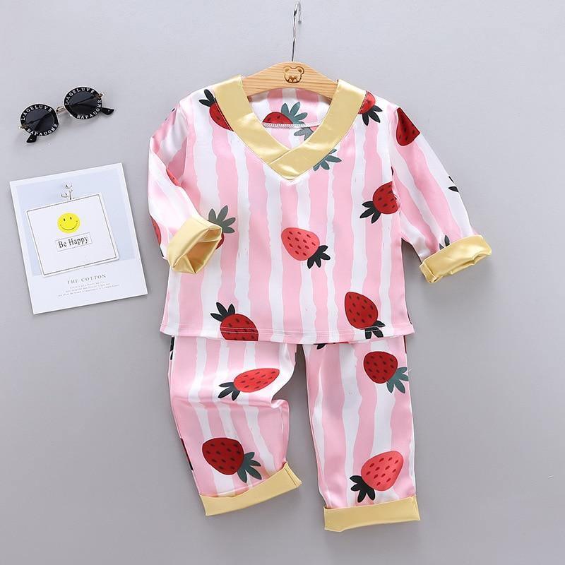 Stevvex kids satin strawberry print pajama set with pink stripes and gold V-neck on Tampa Home & Garden Store