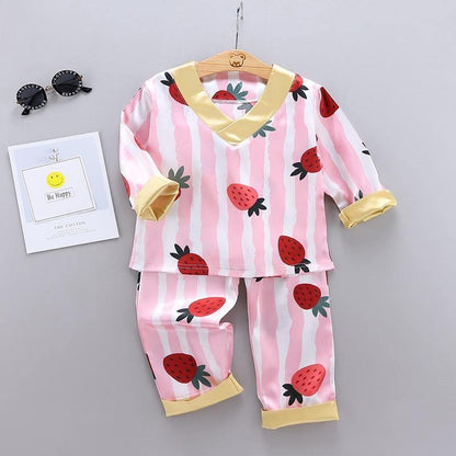 Stevvex kids satin strawberry print pajama set with pink stripes and gold V-neck on Tampa Home & Garden Store