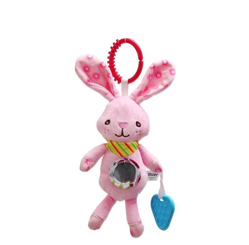 Pink plush bunny baby rattle hanging toy with red ring and blue heart pendant Stevvex on Tampa Home & Garden Store