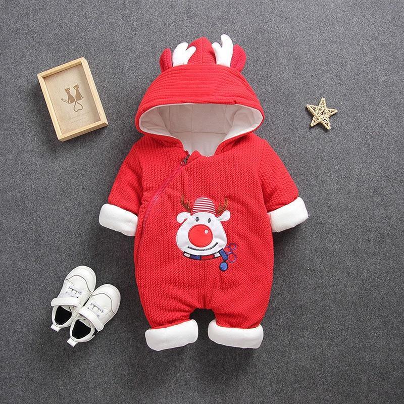 Stevvex red knit kids' romper with hood, white cuffs, reindeer applique for winter on Tampa Home & Garden Store