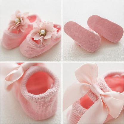 Stevvex baby girl pink anti-slip cotton socks with lace flower bow on Tampa Home & Garden Store