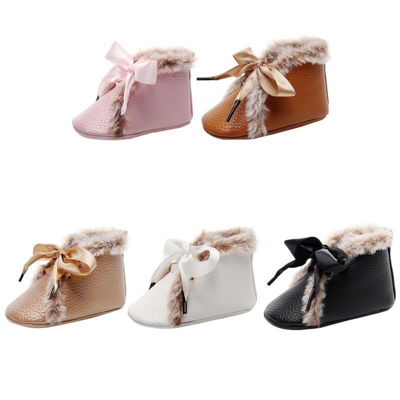 Stevvex baby PU boots anti-slip sole with bowknot lace-up and fur trim, five color options on Tampa Home & Garden Store
